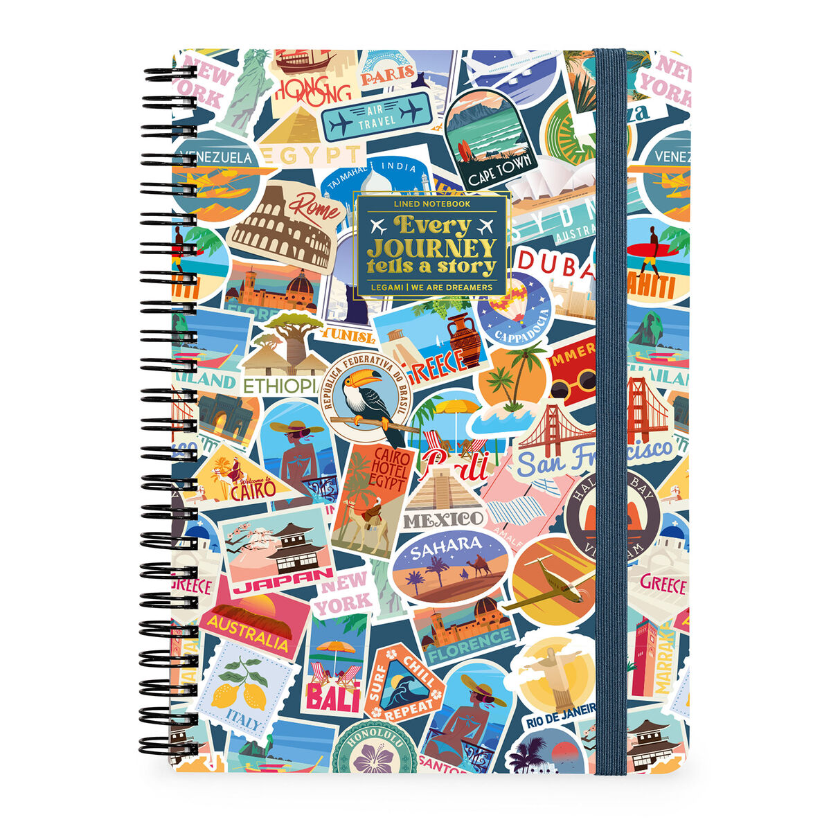Cahier Ligné A4 à Couverture Rigide Illustré - Stickers Voyage - Bloc-mémo - Avec Spirale