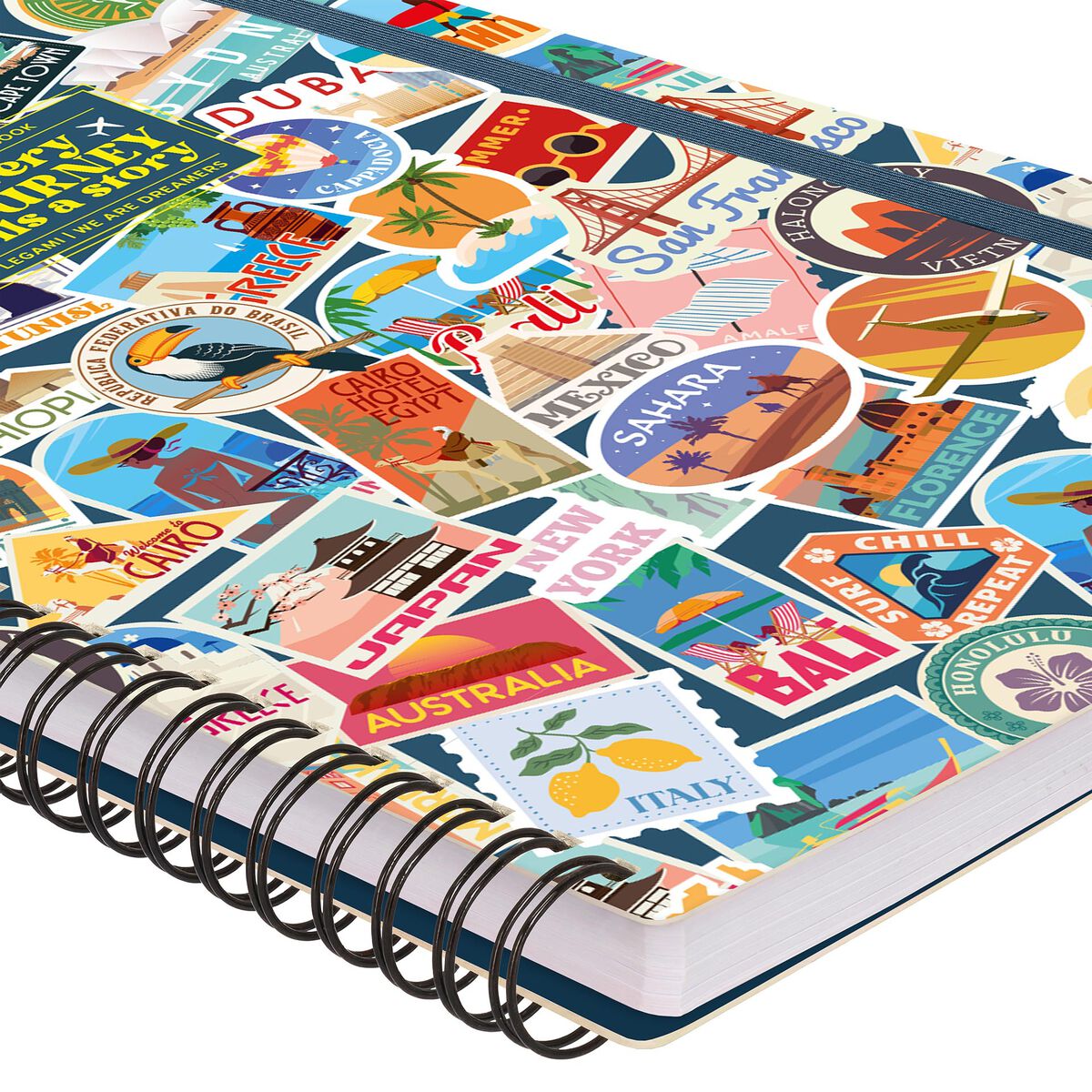 Cahier Ligné A4 à Couverture Rigide Illustrée - Travel Stickers - Bloc-mémo - Avec Spirale
