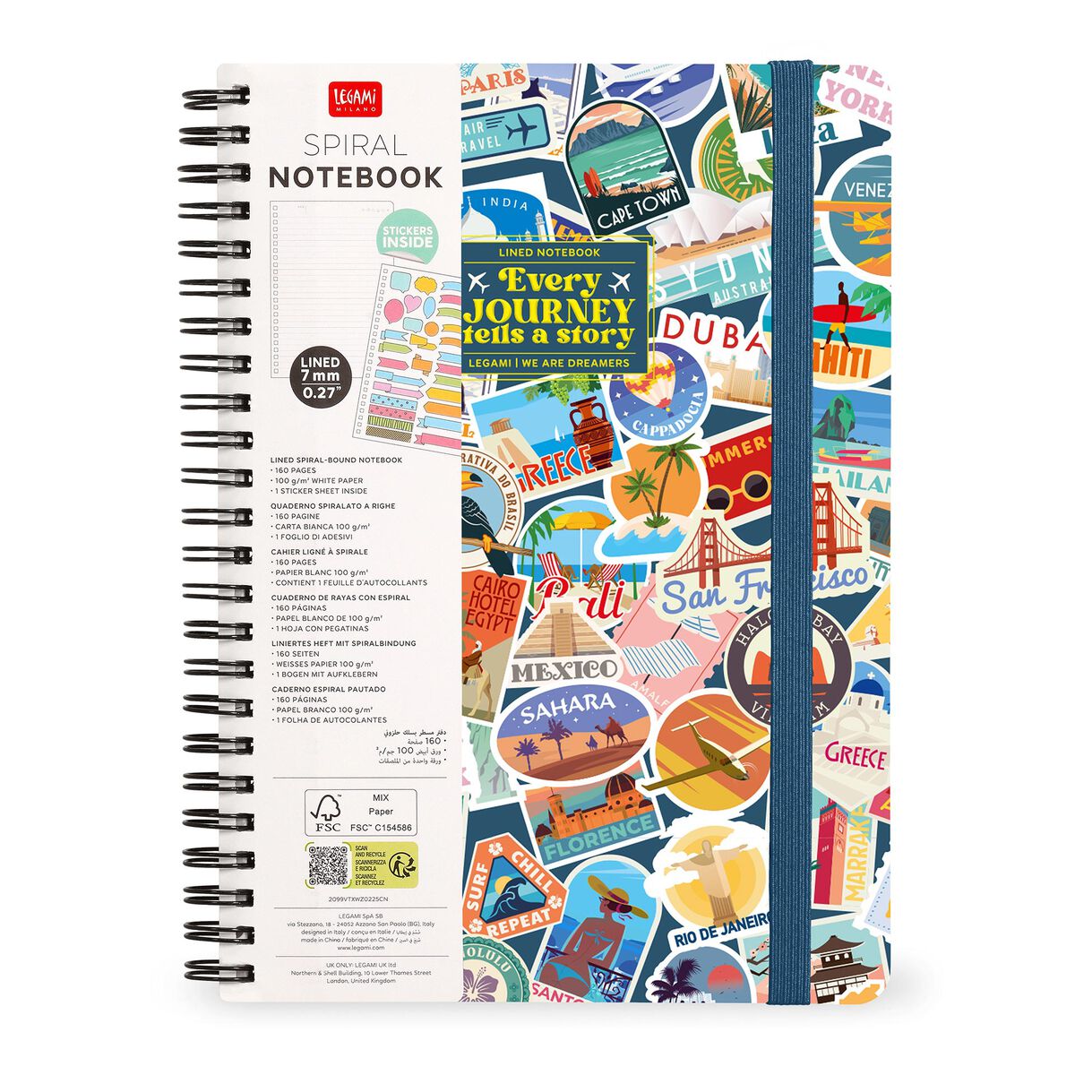 Cahier Ligné A4 à Couverture Rigide Illustrée - Travel Stickers - Bloc-mémo - Avec Spirale
