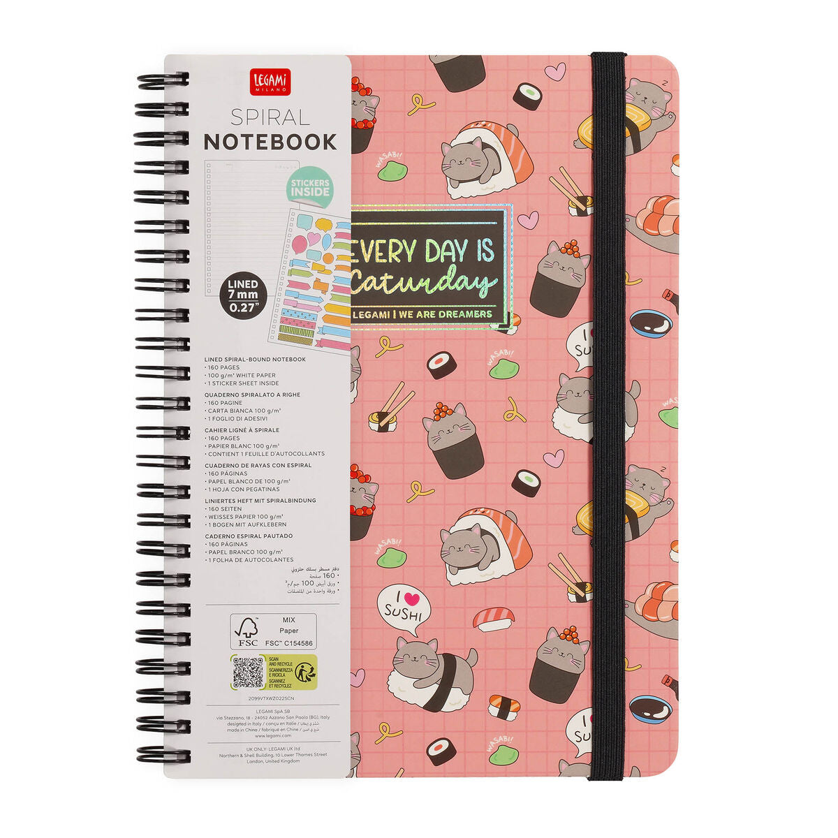 Cahier Ligné A5 à Couverture Rigide Illustrée - Sushi Cat - Bloc-mémo - Avec Spirale