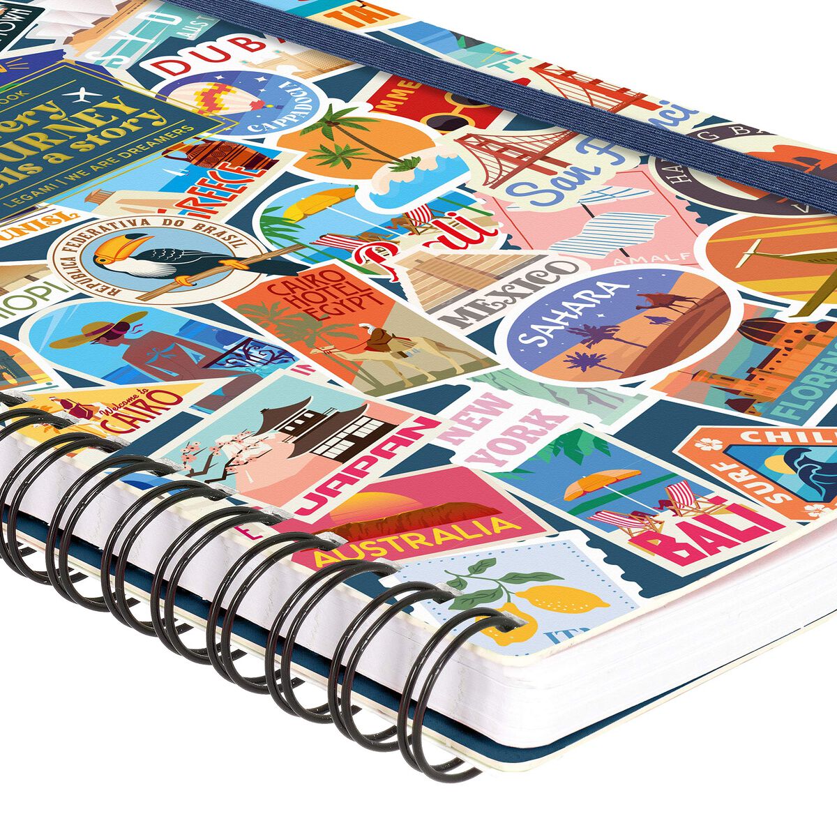Cahier Ligné A5 à Couverture Rigide Illustrée - Travel Stickers - Bloc-mémo - Avec Spirale