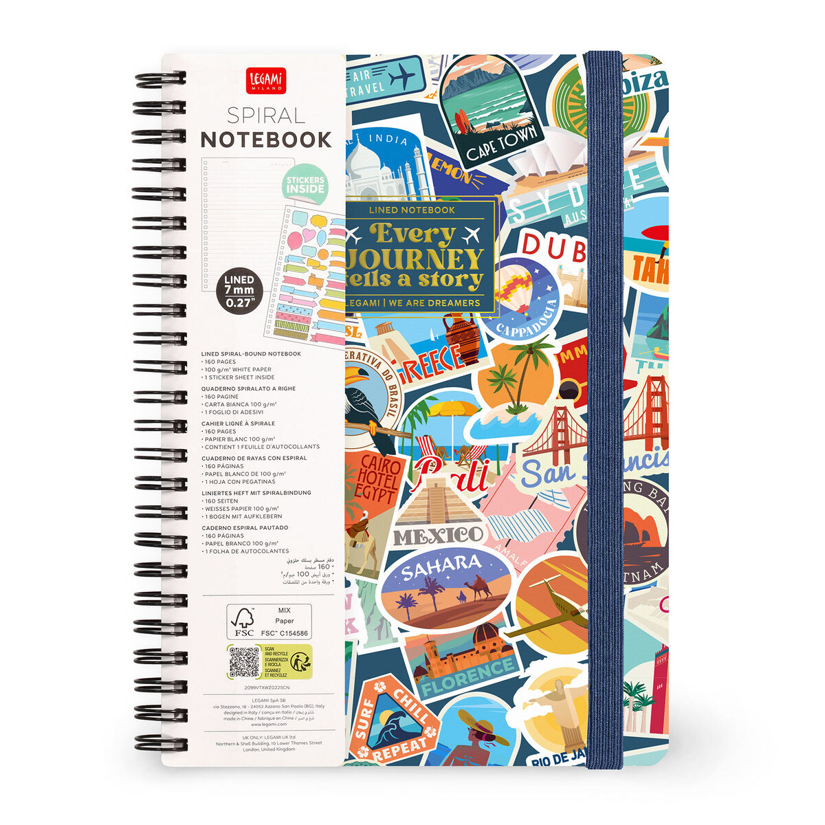 Cahier Ligné A5 à Couverture Rigide Illustrée - Travel Stickers - Bloc-mémo - Avec Spirale