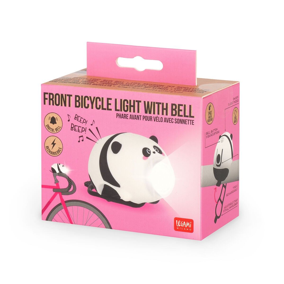 Phare Avant pour Vélo Rechargeable avec Sonnette - Panda - Front Bicycle Light With Bell
