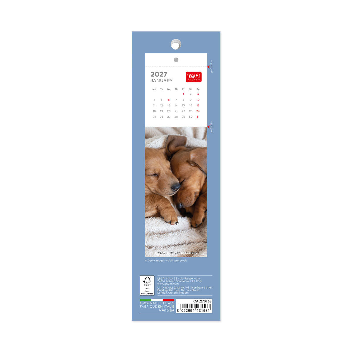 Calendrier Marque-page 2027 - 5,5 x 18 cm - Puppies