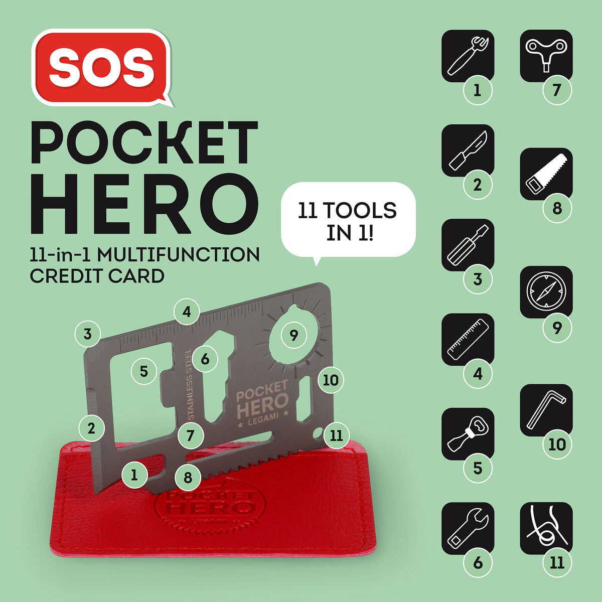 Carte multifonction en acier 11 en 1 - SOS Pocket Hero
