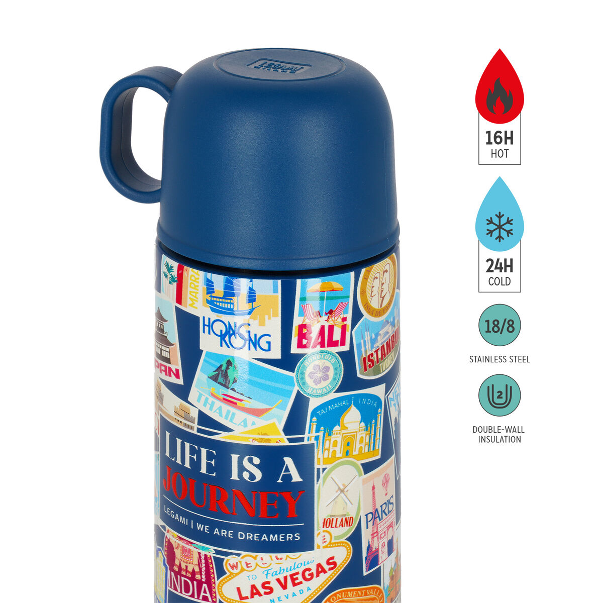 Gourde Thermique avec Tasse - Hot & Cold - Travel Stickers